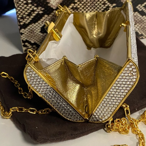 Judith Leiber Miniaudière Evening Purse Handbag Gold w Silver Rhinestones unworn - Picture 4 of 15
